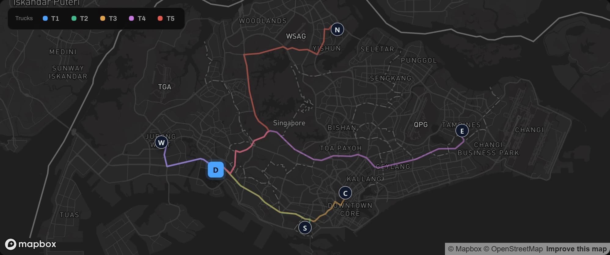 Delivery map of Singapore with each truck’s route drawn from the base hub, colour-coded per truck