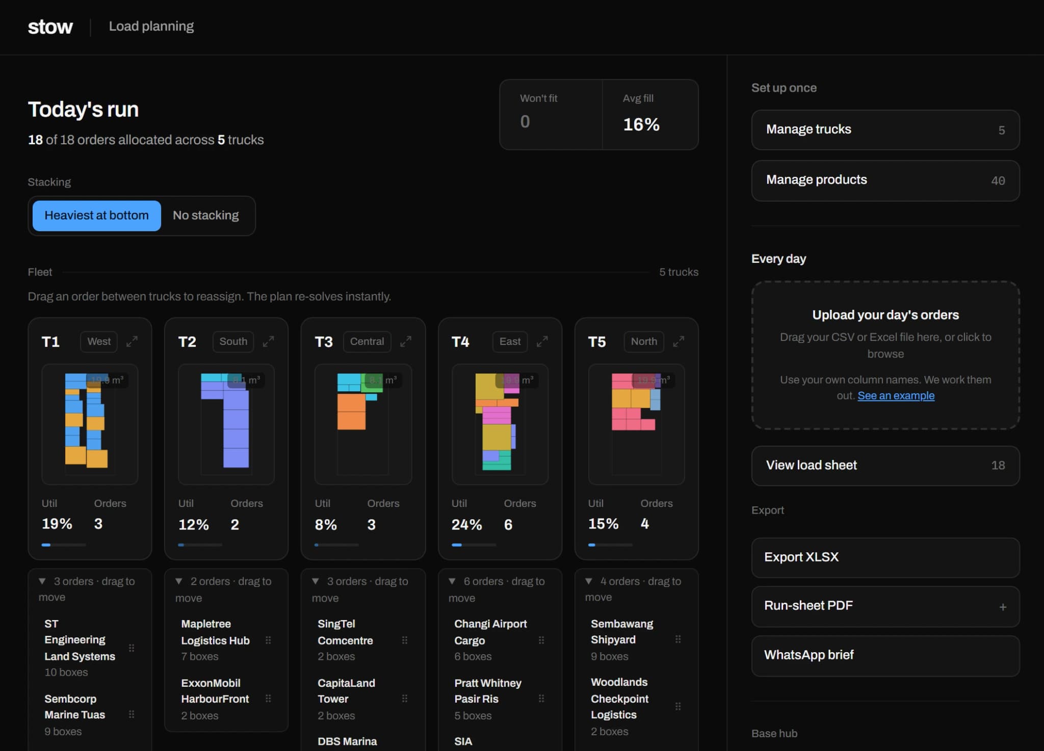 Planning screen with each truck expanded to show the orders assigned to it